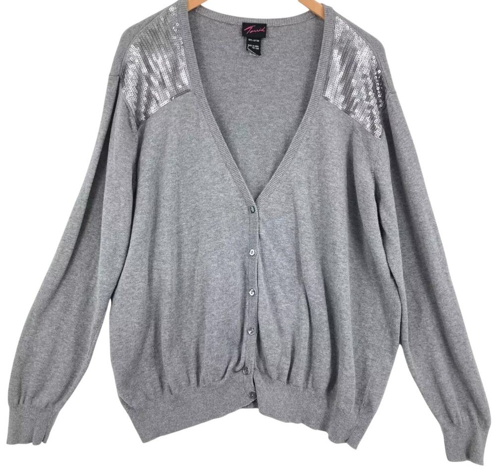 Torrid Cardigan Plus 2X Gray Sequined Accent Button Up Sweater Cozy Chic Holiday